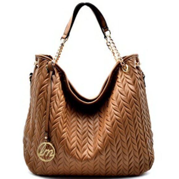Le Miel TAN Woven Pattern Gold Medallion Shoulder Handbag - Picture 4 of 6